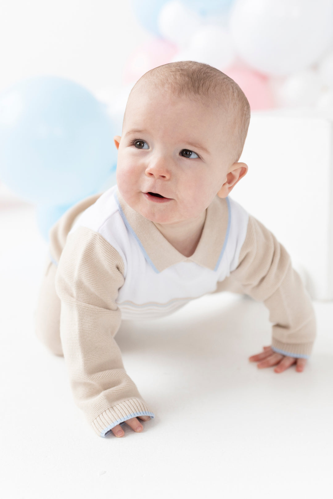 Blues Baby "Mason" Beige, White & Blue Knitted Polo Top & Trousers | Millie and John