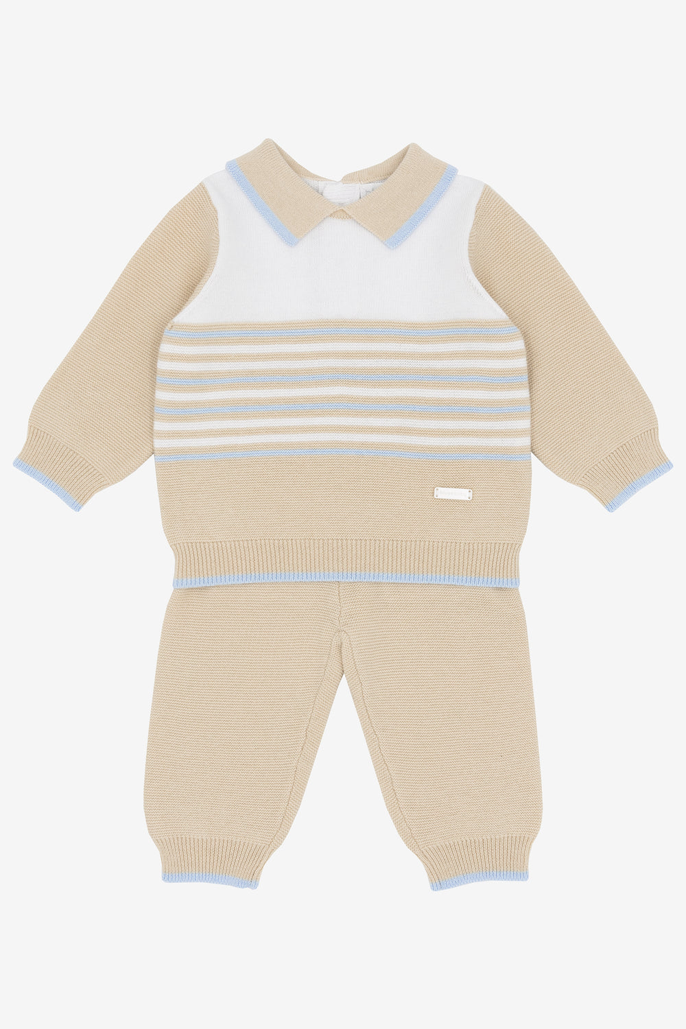 Blues Baby "Mason" Beige, White & Blue Knitted Polo Top & Trousers | Millie and John