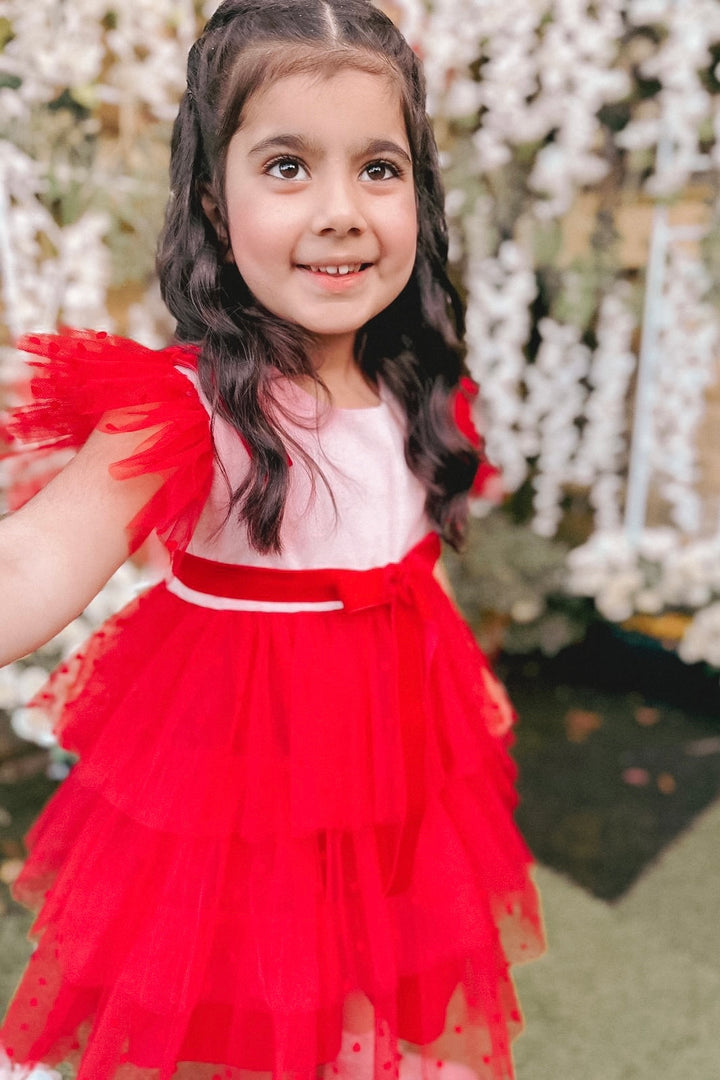 Phi "Amora" Pink & Red Velvet Tulle Dress | Millie and John