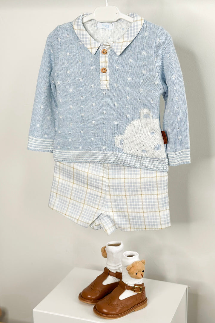 Foque "Eddie" Sky Blue Knit Teddy Top & Tartan Shorts | Millie and John