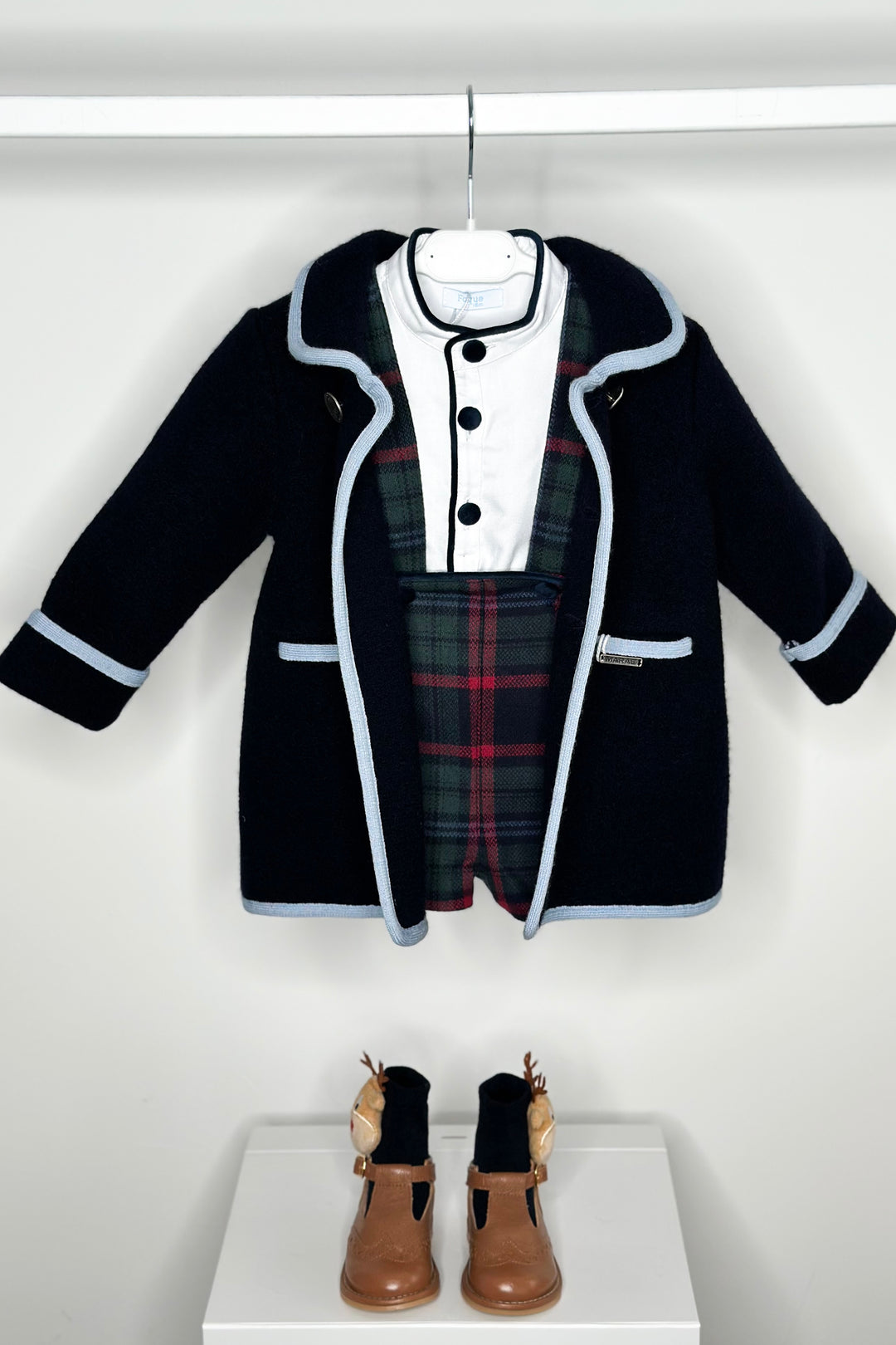 Foque "Atticus" Shirt & Bottle Green Tartan Shorts with Braces | Millie and John