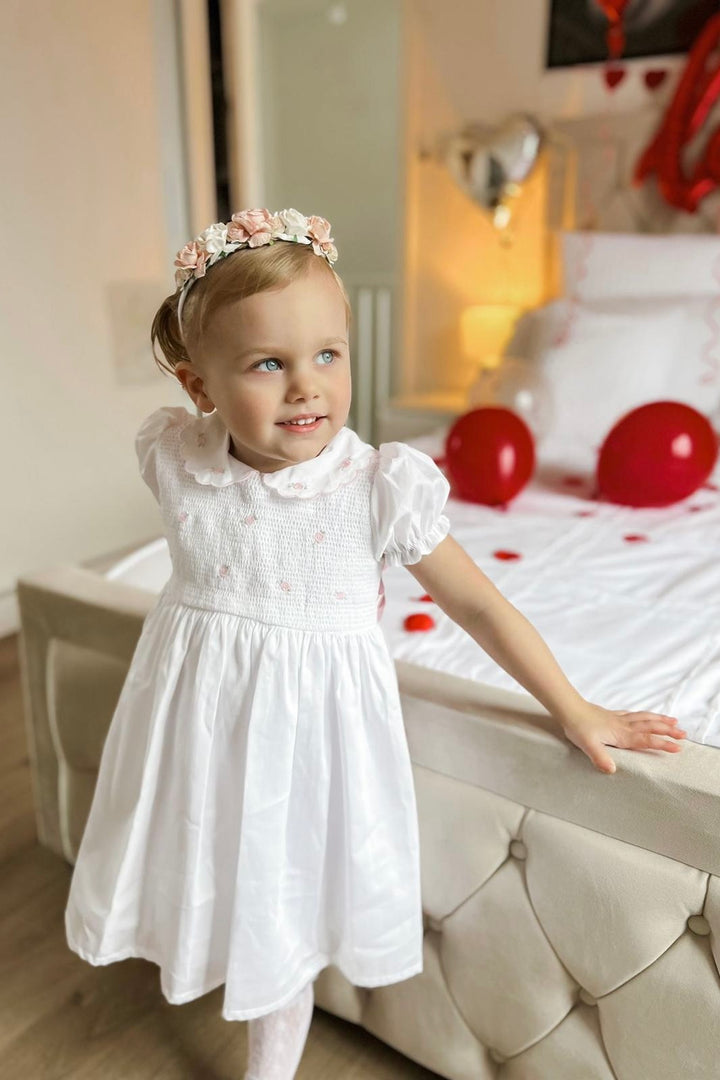 Deolinda "Cassie" White & Pink Smocked Rose Dress | Millie and John
