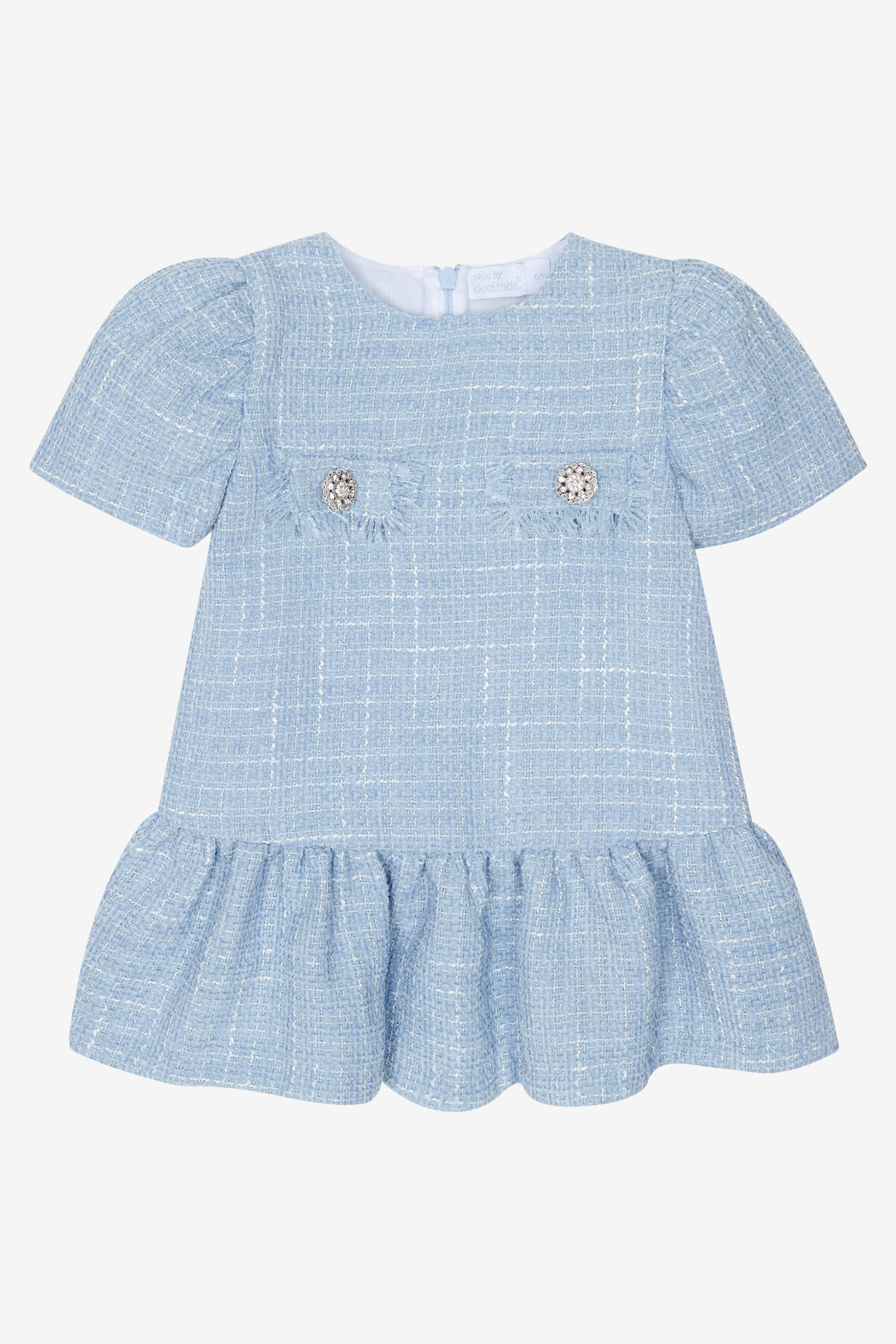 Chic by Deolinda PREORDER "Margaux" Blue Shimmer Tweed Diamanté Button Dress | Millie and John