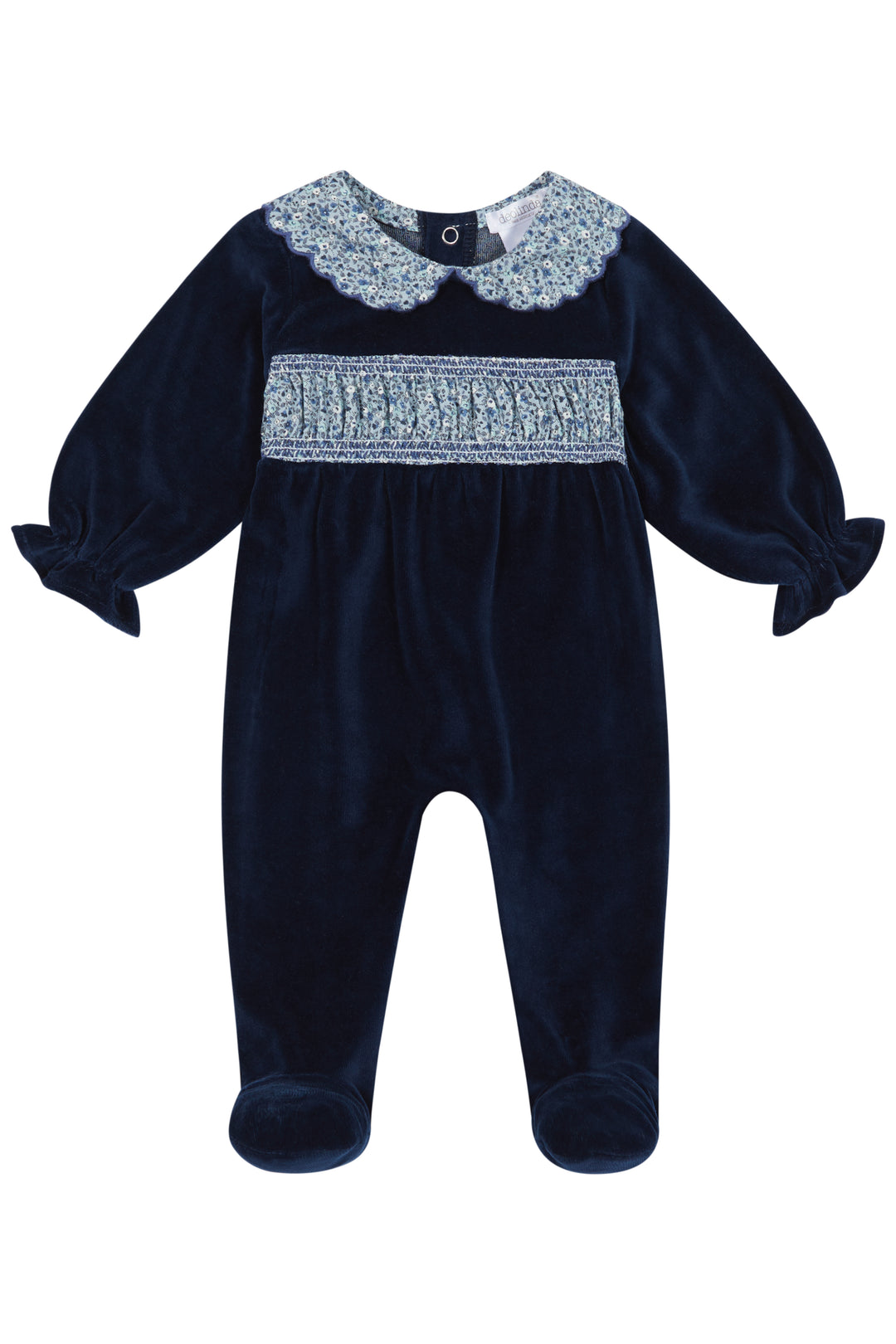 Deolinda "Vera" Navy Velour Floral Smocked Sleepsuit | Millie and John