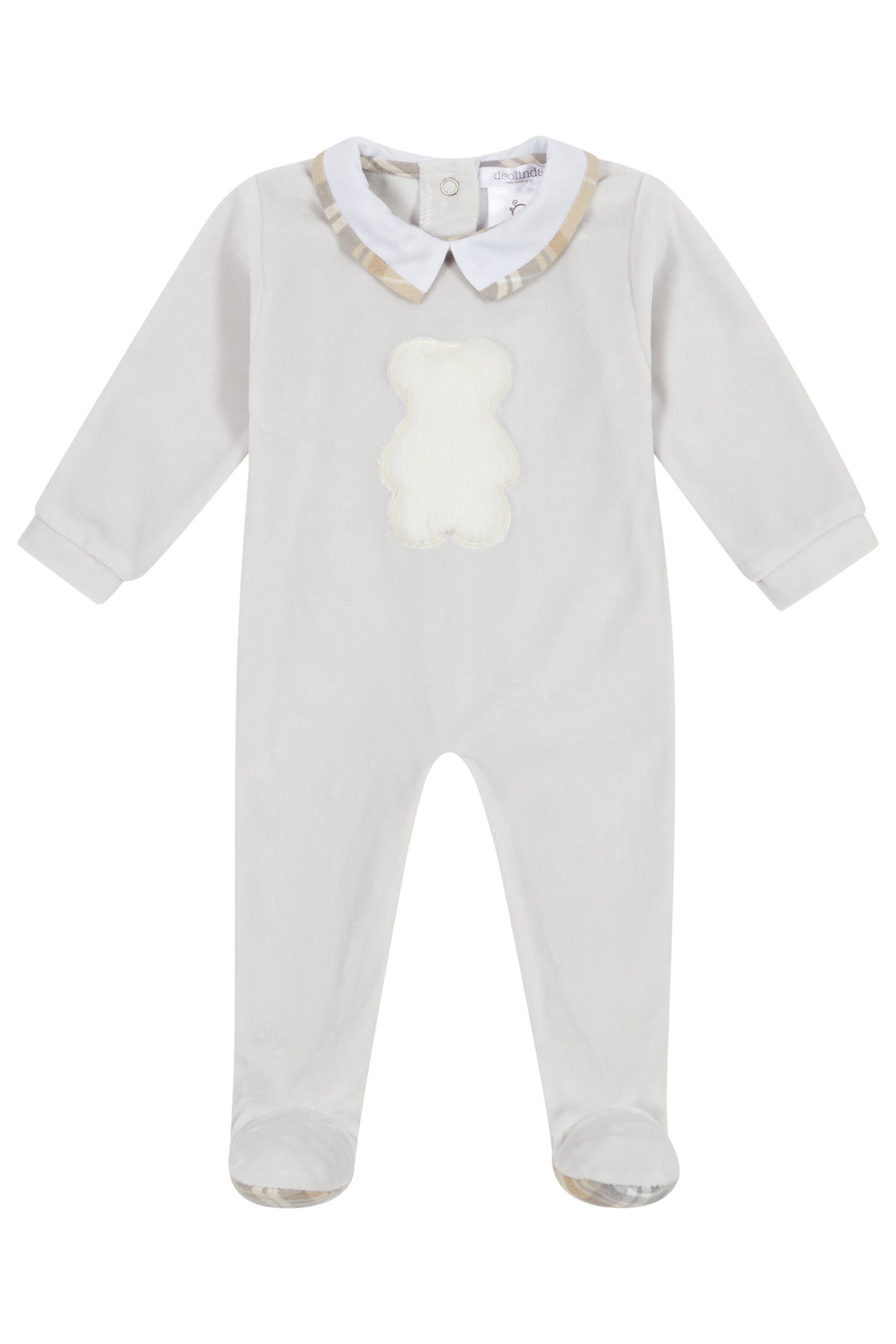 Deolinda "Ash" Light Grey Velour Faux Fur Teddy Sleepsuit | Millie and John
