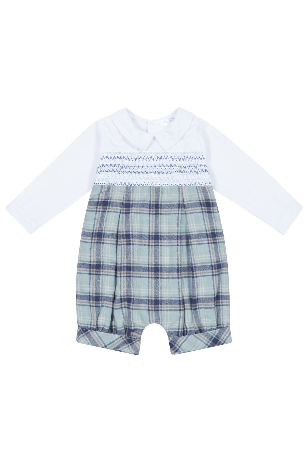 Deolinda "Andreas" Dusky Blue Tartan Smocked Romper | Millie and John