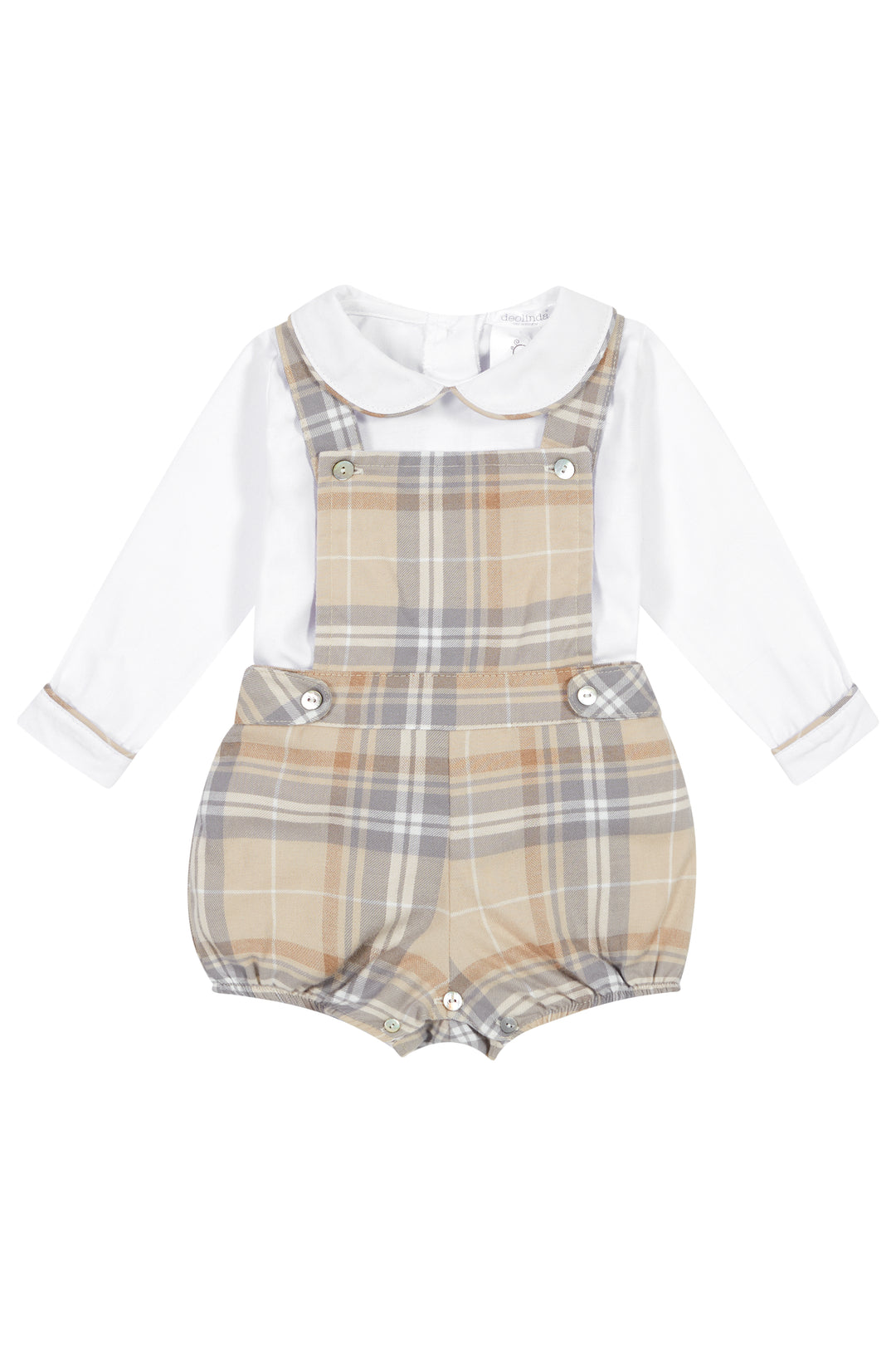 Deolinda "Alf" Beige Tartan Dungaree Romper Set | Millie and John