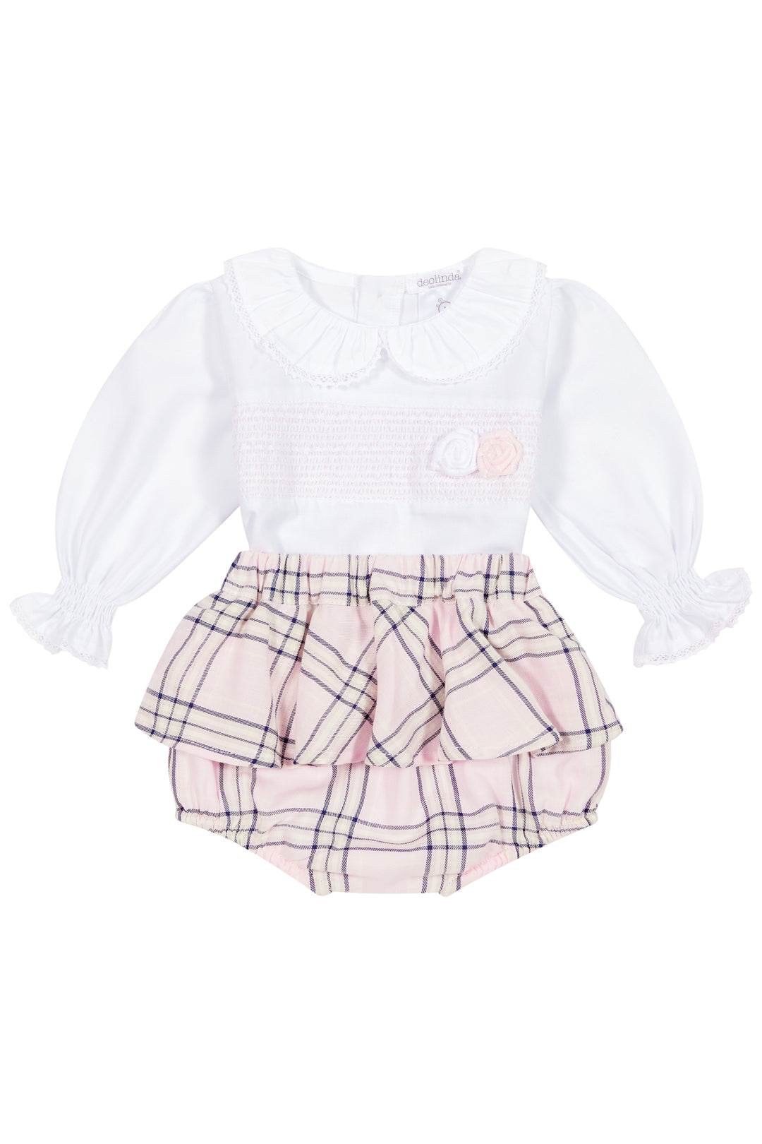 Deolinda "Lainey" Pale Pink Tartan Smocked Blouse & Bloomers | Millie and John