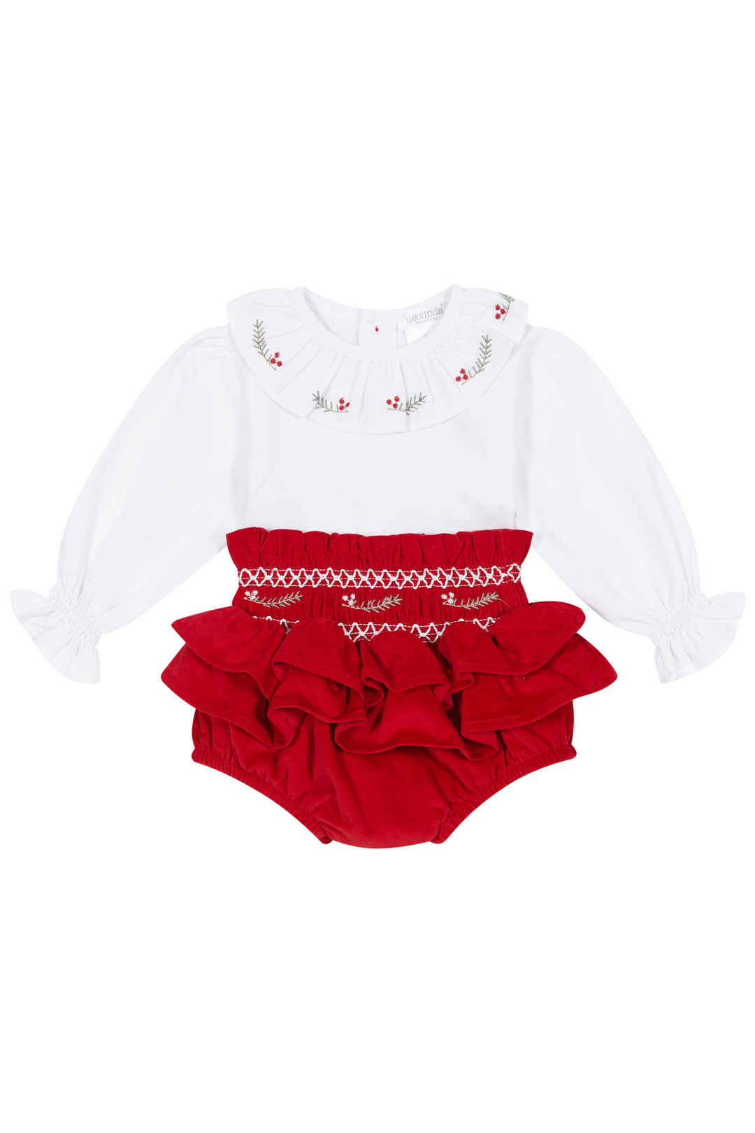 Deolinda "Arianna" Embroidered Blouse & Red Velvet Bloomers | Millie and John