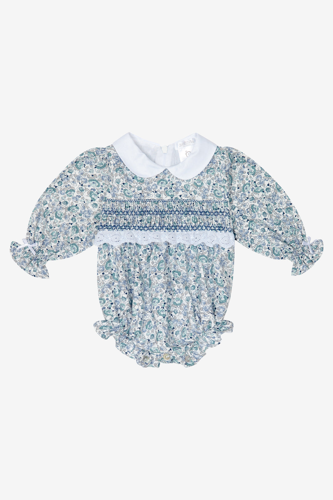 Deolinda "Isadora" Dusky Blue Floral Smocked Romper | Millie and John