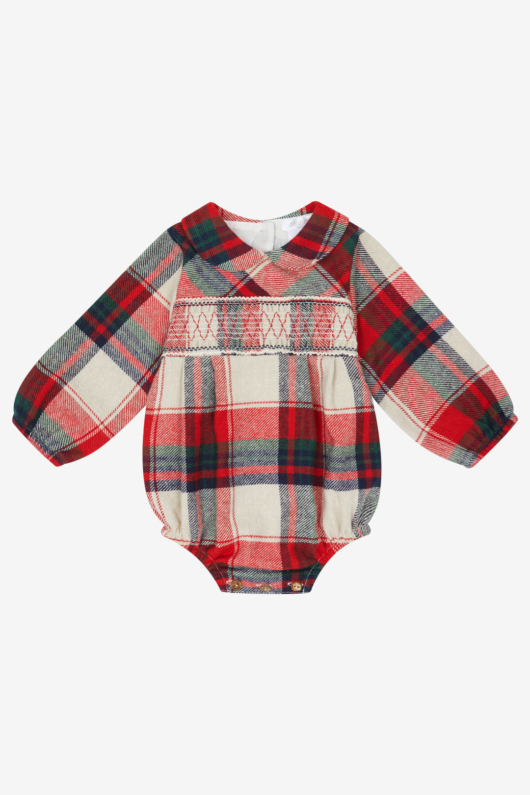 Deolinda PREORDER "Edmund" Red & Stone Tartan Smocked Romper | Millie and John