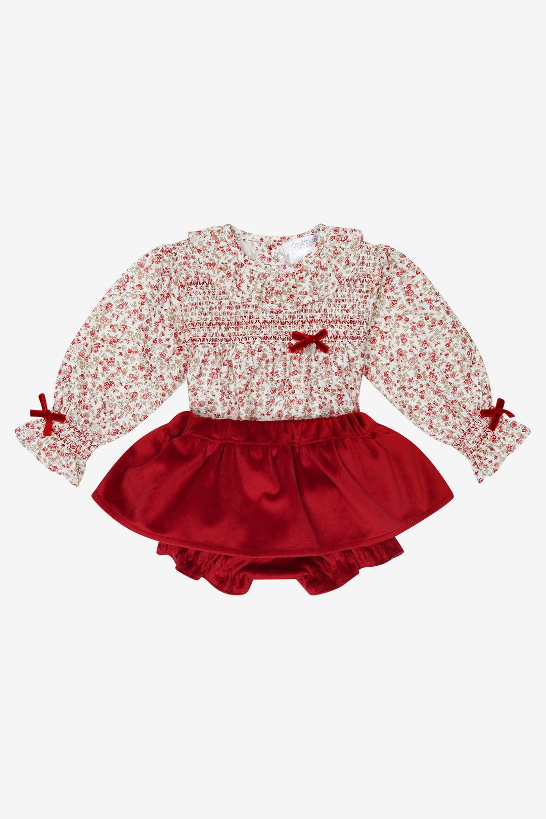 Deolinda PREORDER "Genevieve" Red Vintage Floral Smocked Blouse & Velvet Skort | Millie and John