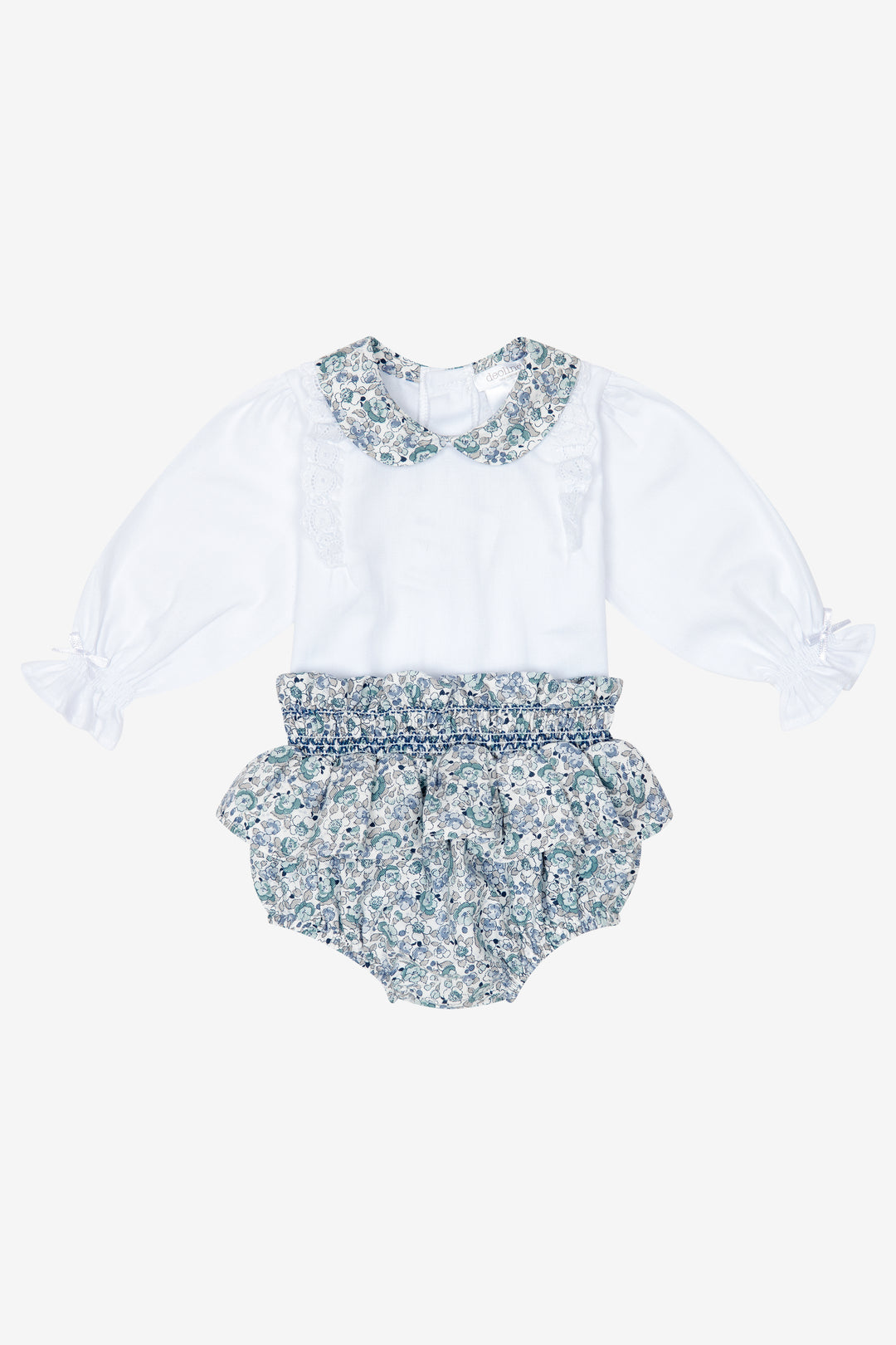 "Arabella" Dusky Blue Floral Blouse & Smocked Bloomers