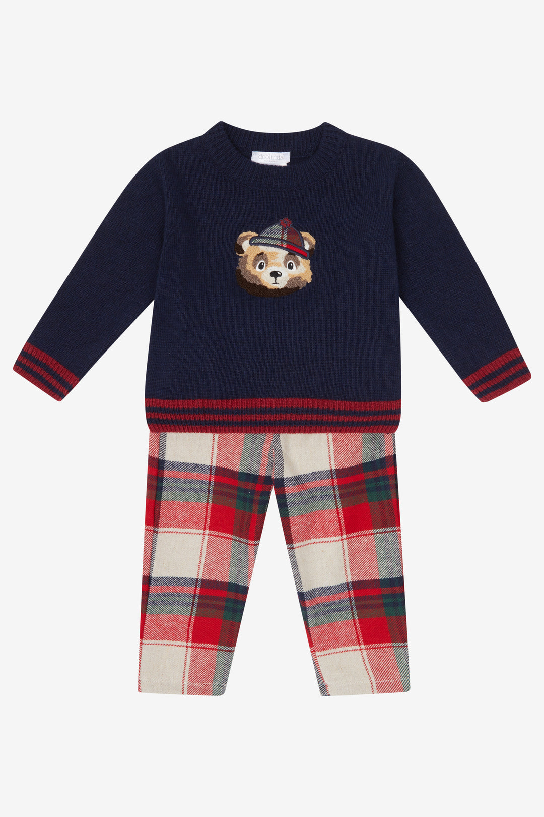 Deolinda PREORDER "Hamish" Navy Knit Bear Jumper & Red Tartan Trousers | Millie and John