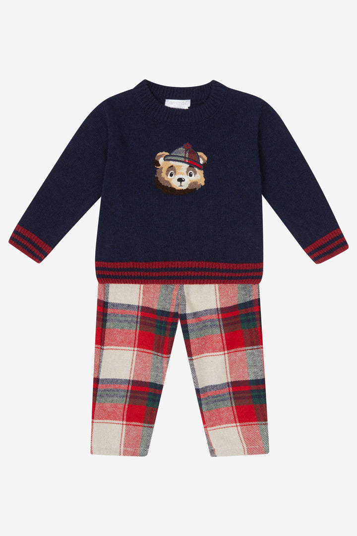 Deolinda PREORDER "Hamish" Navy Knit Bear Jumper & Red Tartan Trousers | Millie and John