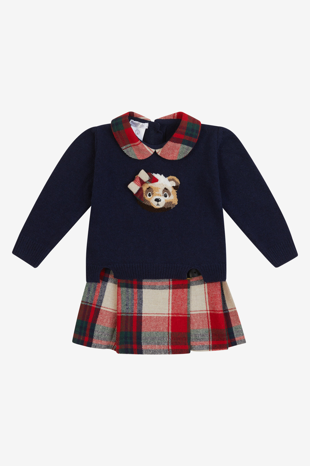 Deolinda PREORDER "Fenella" Navy Knit Bear Jumper & Red Tartan Skirt | Millie and John