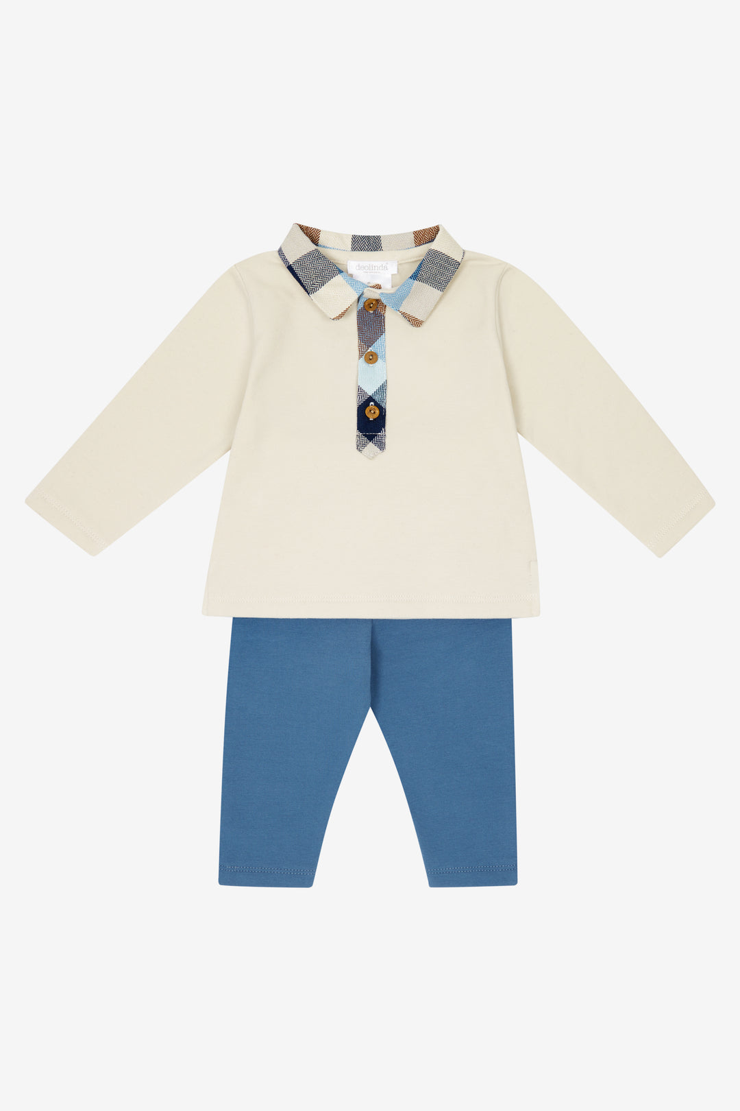 Deolinda "Dominic" Stone & Dusky Blue Check Polo Shirt & Trousers | Millie and John