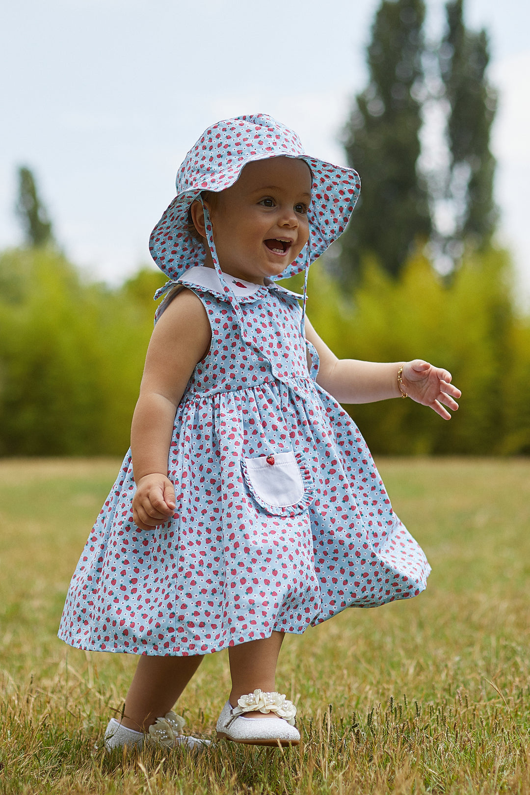 Deolinda "Adeline" Blue Strawberry Print Dress | Millie and John