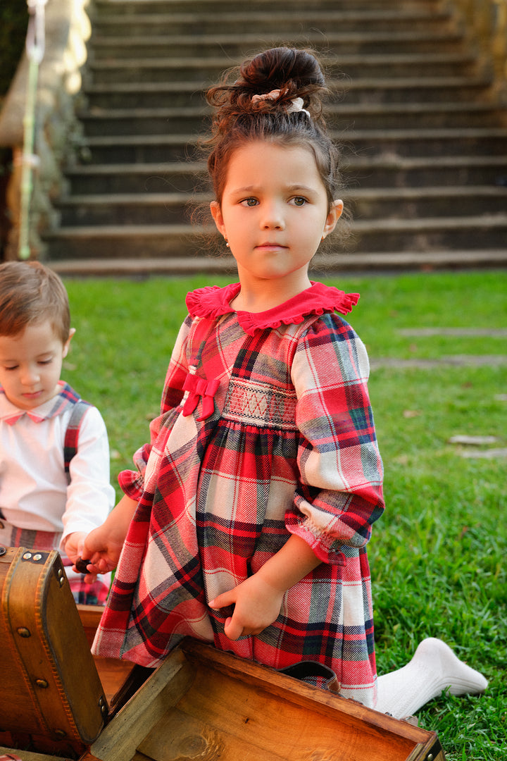 Deolinda PREORDER "Catriona" Red & Stone Tartan Smocked Dress | Millie and John