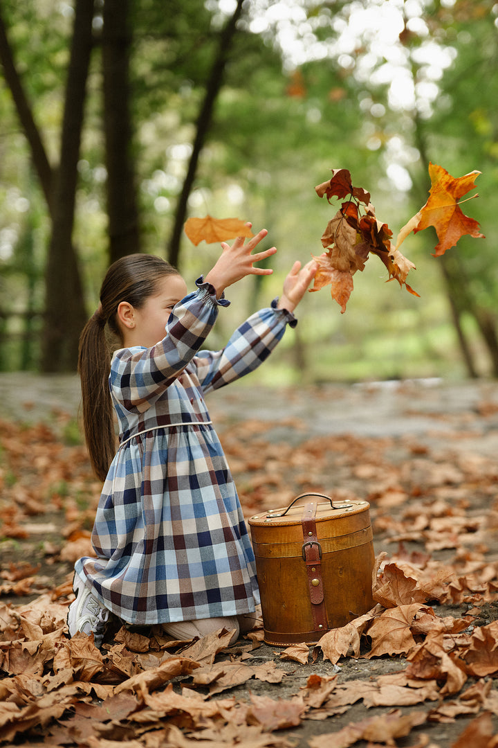 Deolinda "Rosalind" Blue & Brown Heritage Check Dress | Millie and John