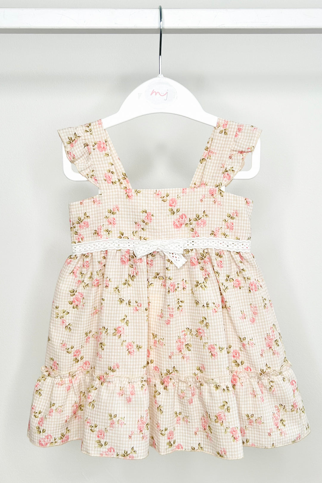 Jamiks "Diana" Beige Gingham Floral Dress | Millie and John
