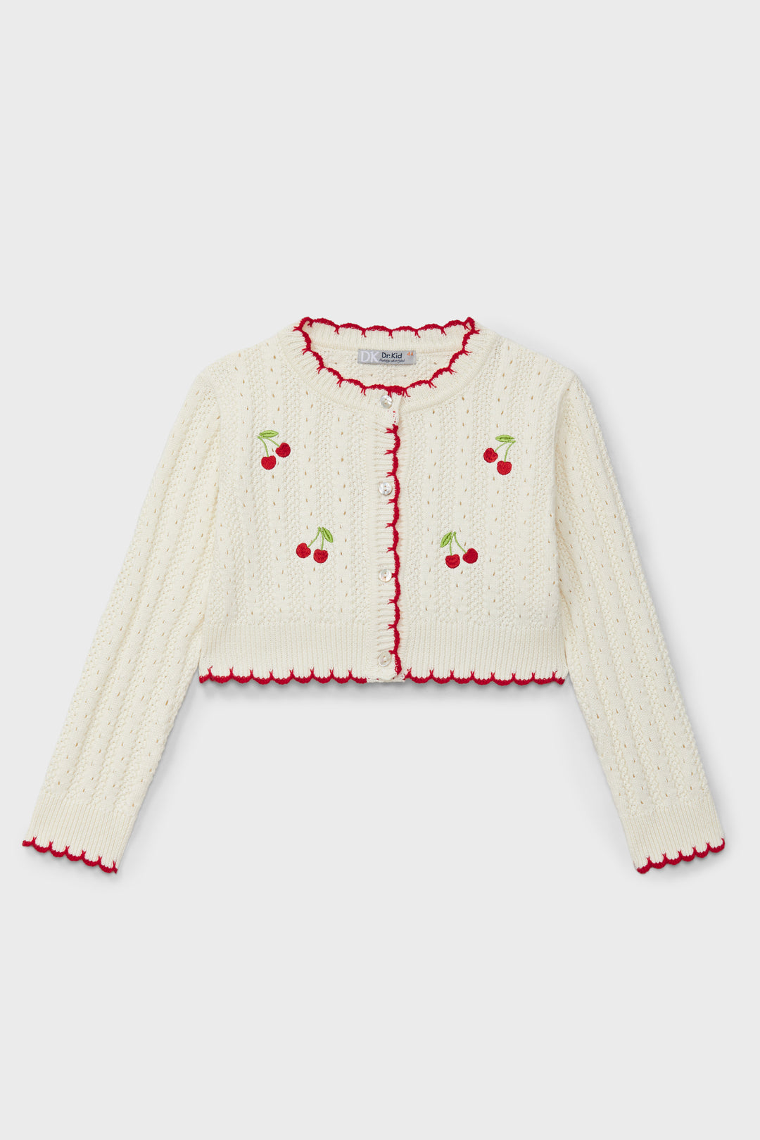 Dr Kid Cream & Red Knit Cherry Cardigan | Millie and John