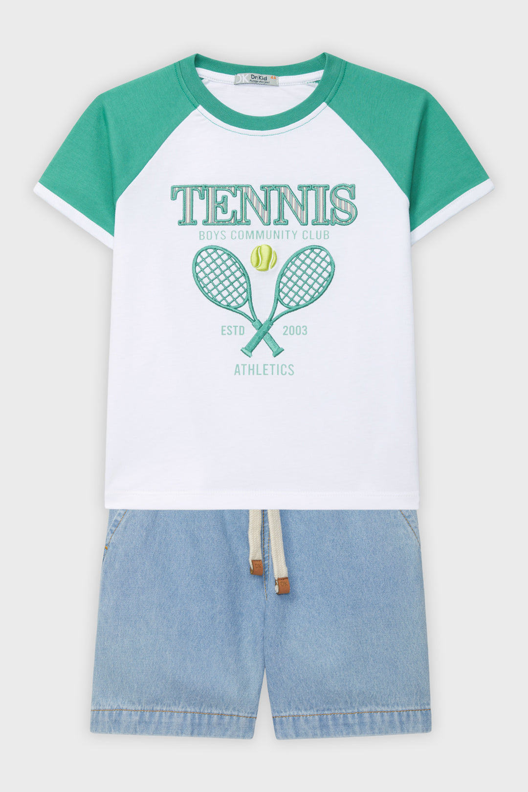 Dr Kid Green Raglan Tennis T-Shirt & Denim Shorts | Millie and John