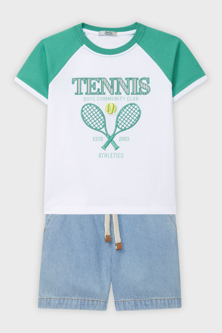 Dr Kid Green Raglan Tennis T-Shirt & Denim Shorts | Millie and John
