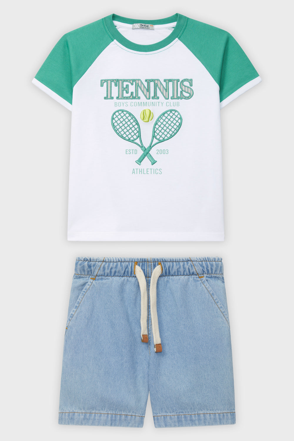 Dr Kid Green Raglan Tennis T-Shirt & Denim Shorts | Millie and John