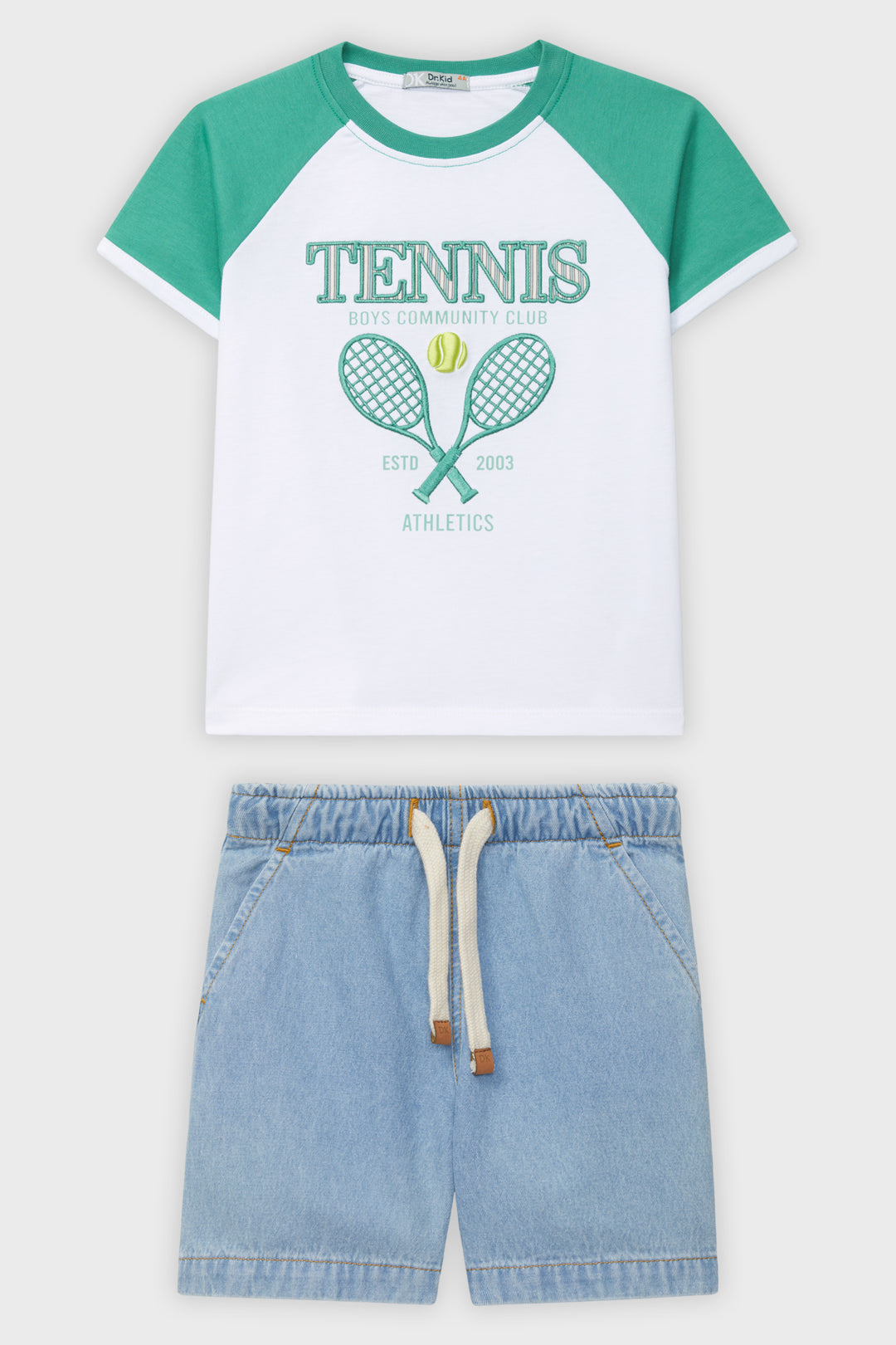 Dr Kid Green Raglan Tennis T-Shirt & Denim Shorts | Millie and John