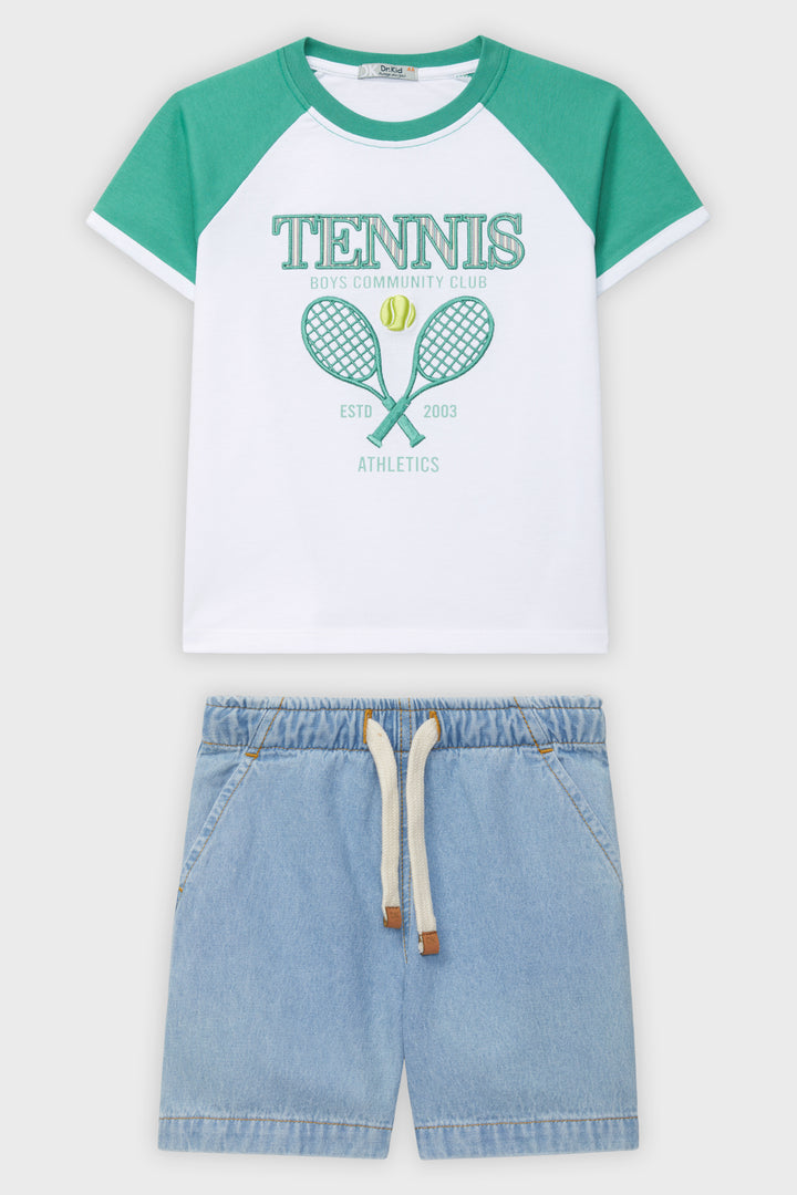 Dr Kid Green Raglan Tennis T-Shirt & Denim Shorts | Millie and John