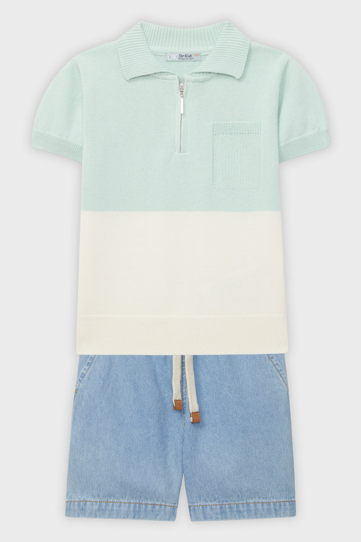 Dr Kid Mint Colour Block Polo Shirt & Denim Shorts | Millie and John