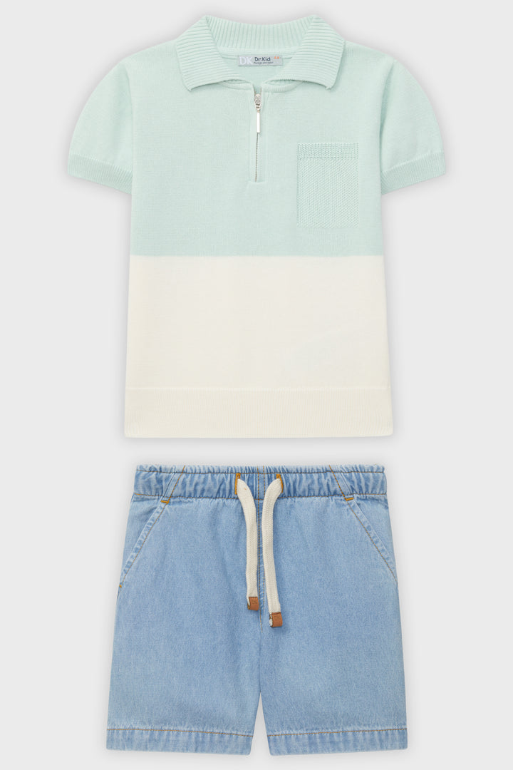 Dr Kid Mint Colour Block Polo Shirt & Denim Shorts | Millie and John