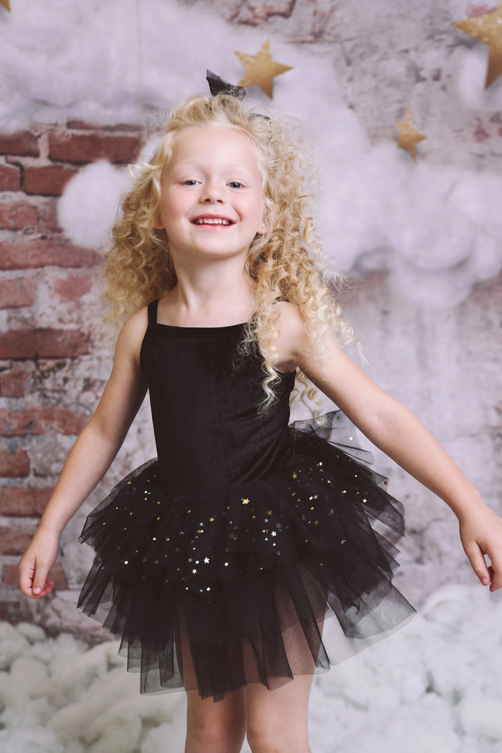 DOLLY by Le Petit Tom Black Velvet Celestial Tulle Ballerina Dress | Millie and John
