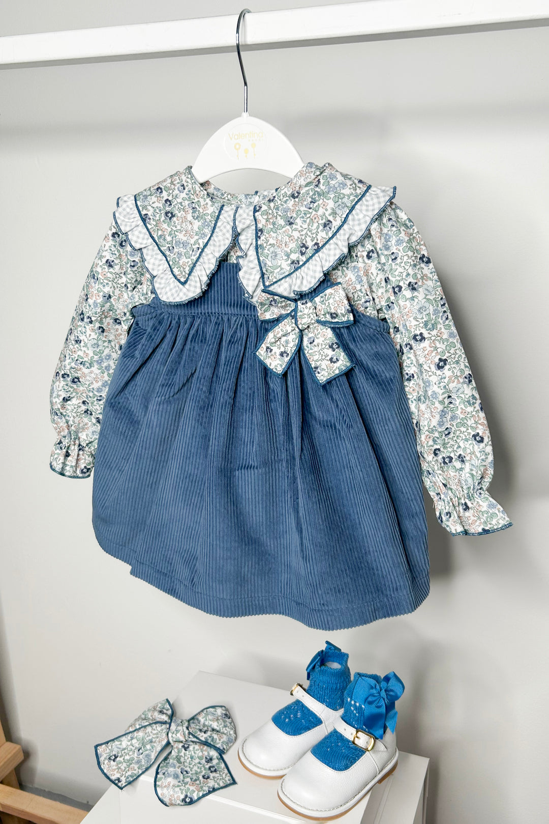 Valentina Bebes "Philomena" Dusky Blue Floral Pinafore Dress Set | Millie and John