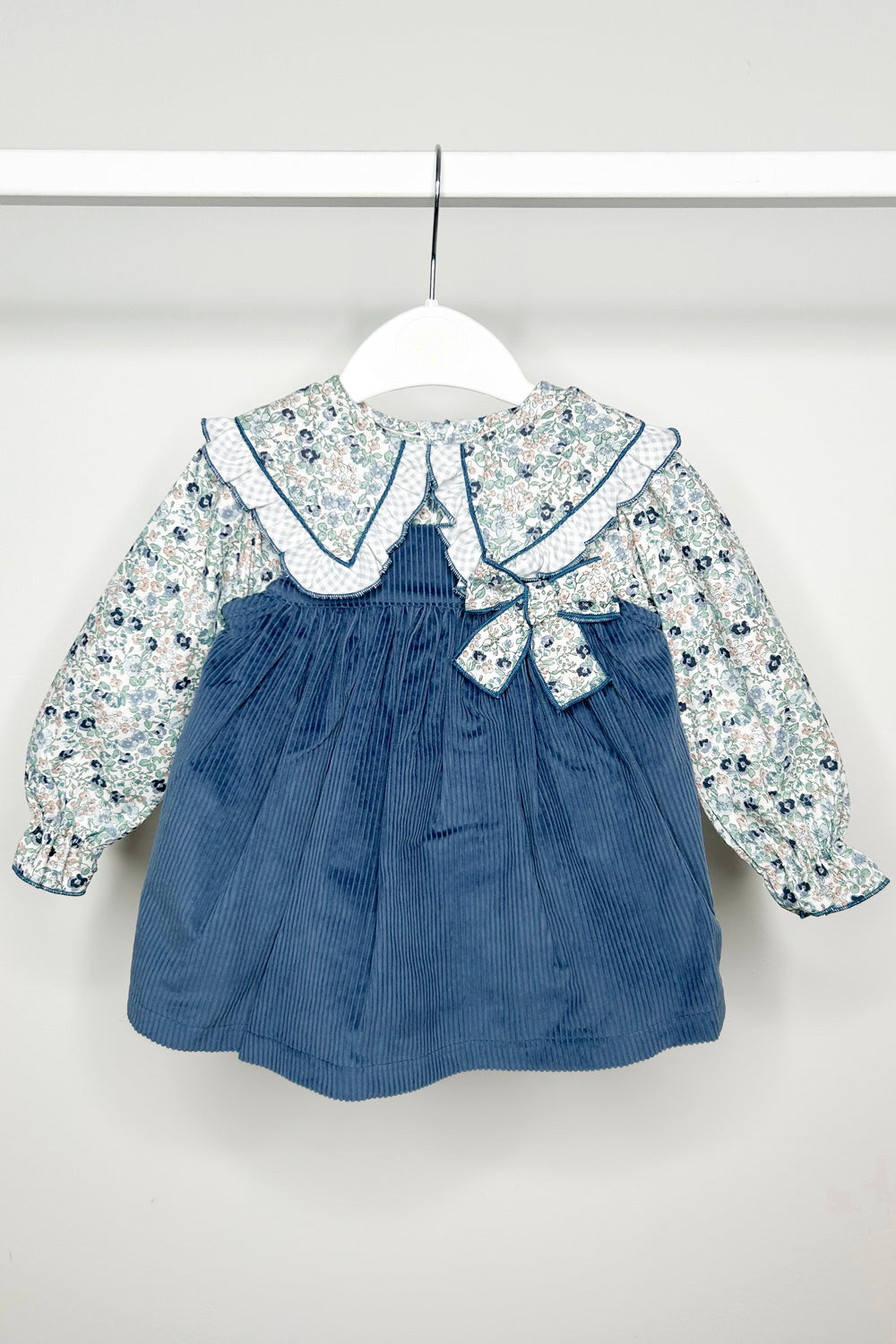 Valentina Bebes "Philomena" Dusky Blue Floral Pinafore Dress Set | Millie and John
