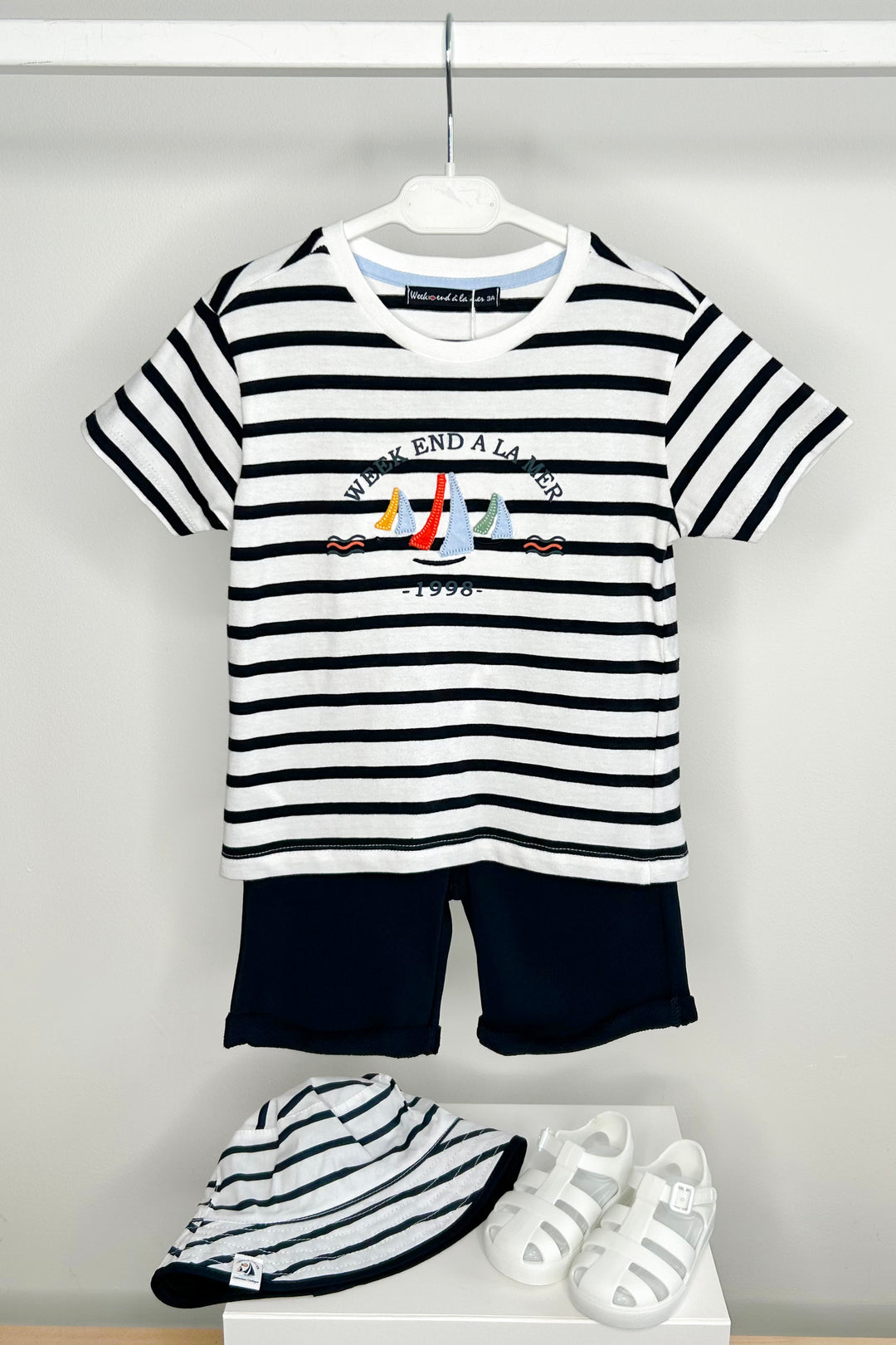 Week-end à la Mer "Vincent" Navy Striped Sailboat T-Shirt & Shorts | Millie and John