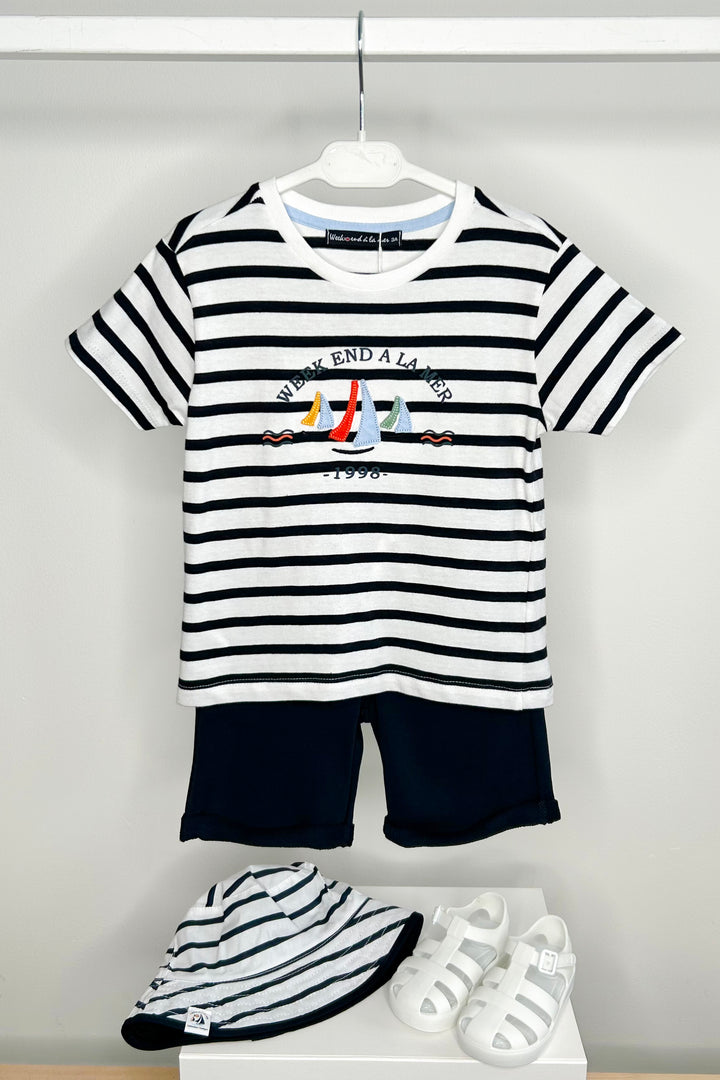 Week-end à la Mer "Vincent" Navy Striped Sailboat T-Shirt & Shorts | Millie and John