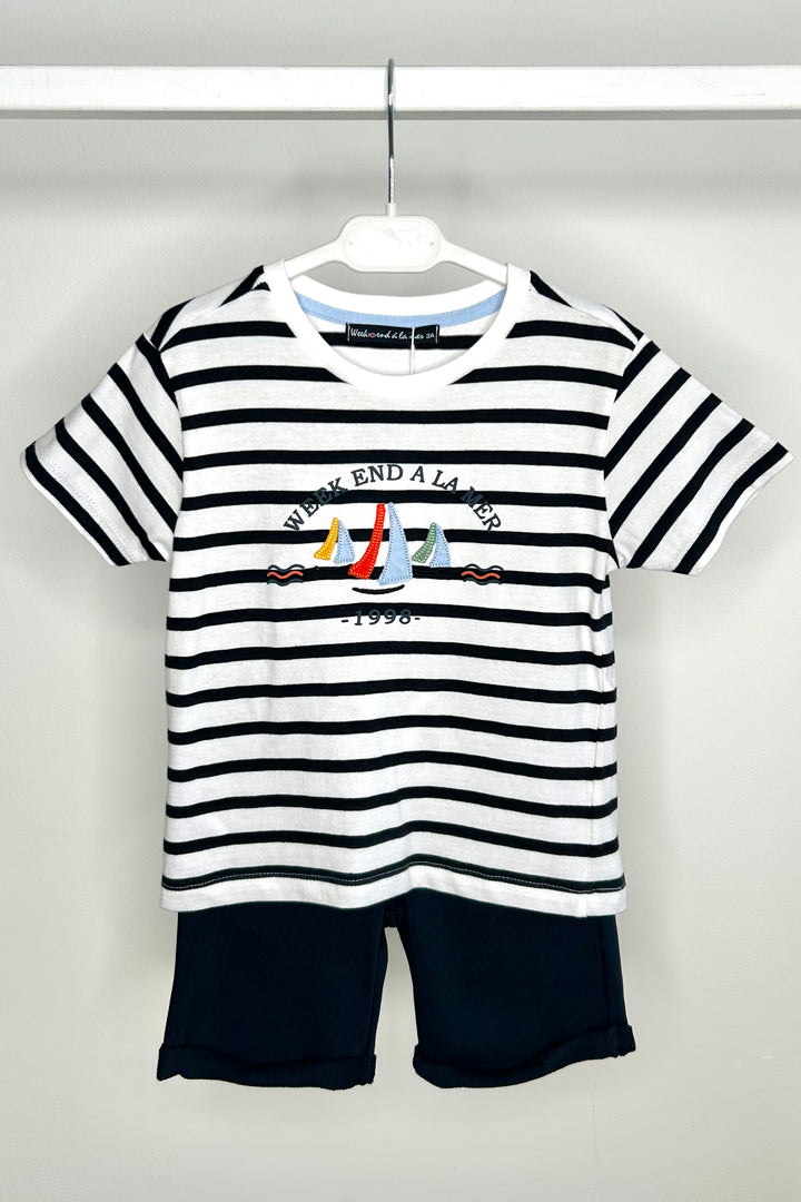Week-end à la Mer "Vincent" Navy Striped Sailboat T-Shirt & Shorts | Millie and John