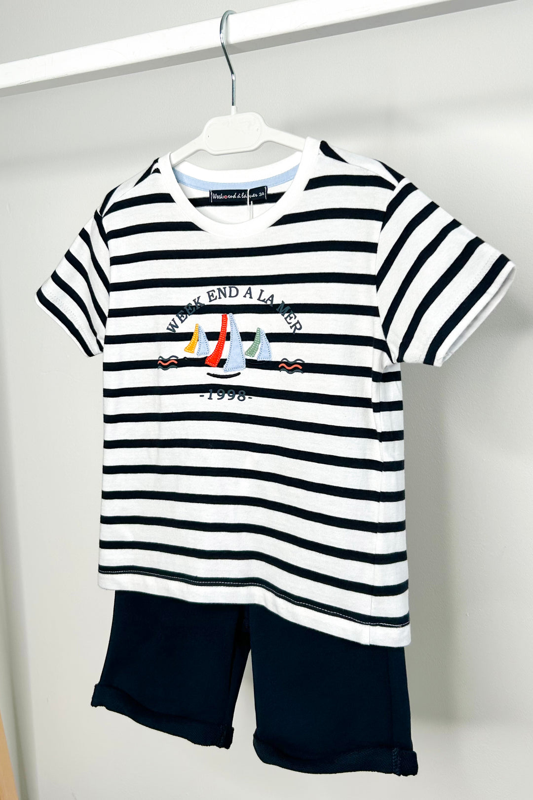 Week-end à la Mer "Vincent" Navy Striped Sailboat T-Shirt & Shorts | Millie and John