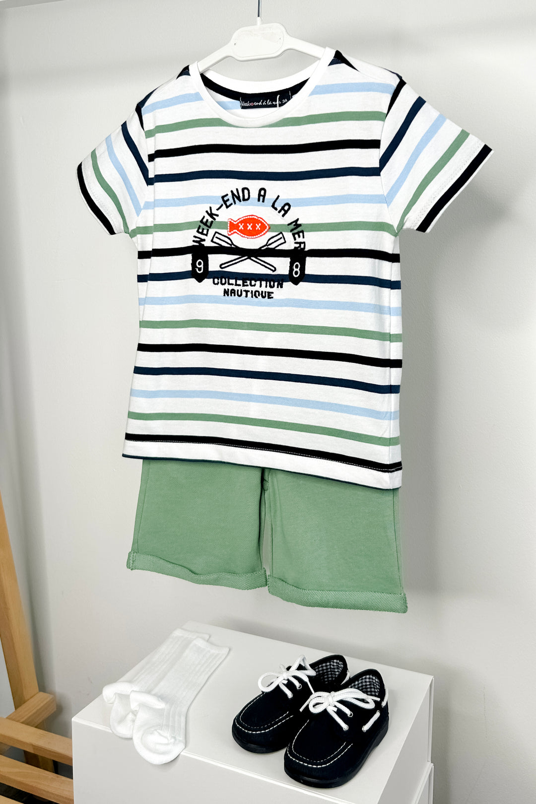 Week-end à la Mer "Shiloh" Sage, Navy & Blue Striped T-Shirt & Shorts | Millie and John