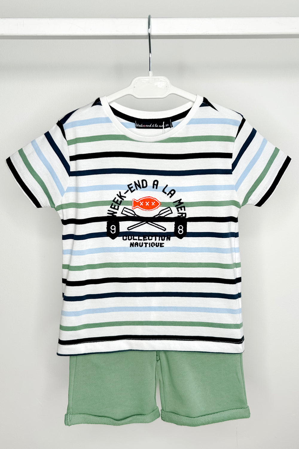 Week-end à la Mer "Shiloh" Sage, Navy & Blue Striped T-Shirt & Shorts | Millie and John