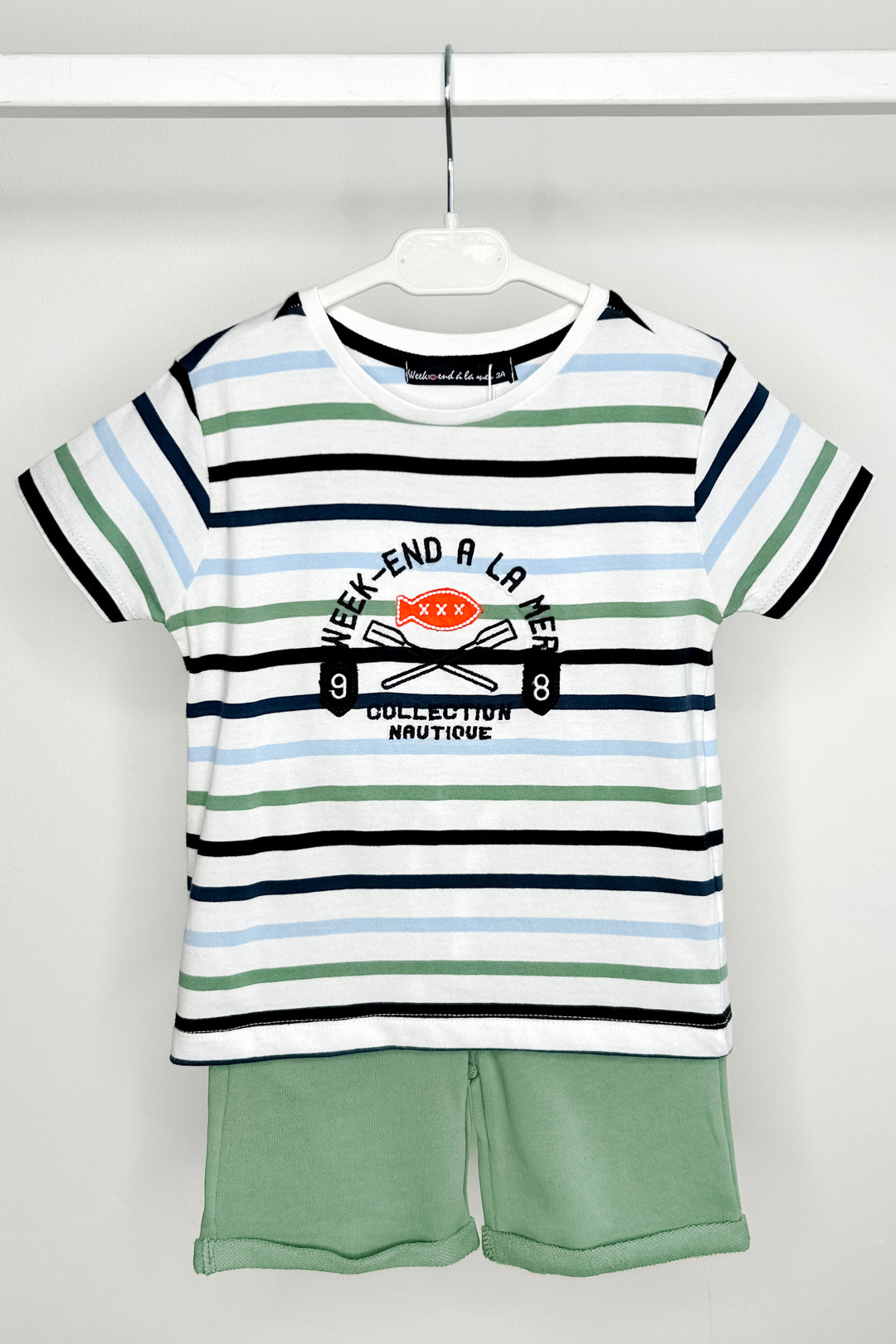 Week-end à la Mer "Shiloh" Sage, Navy & Blue Striped T-Shirt & Shorts | Millie and John