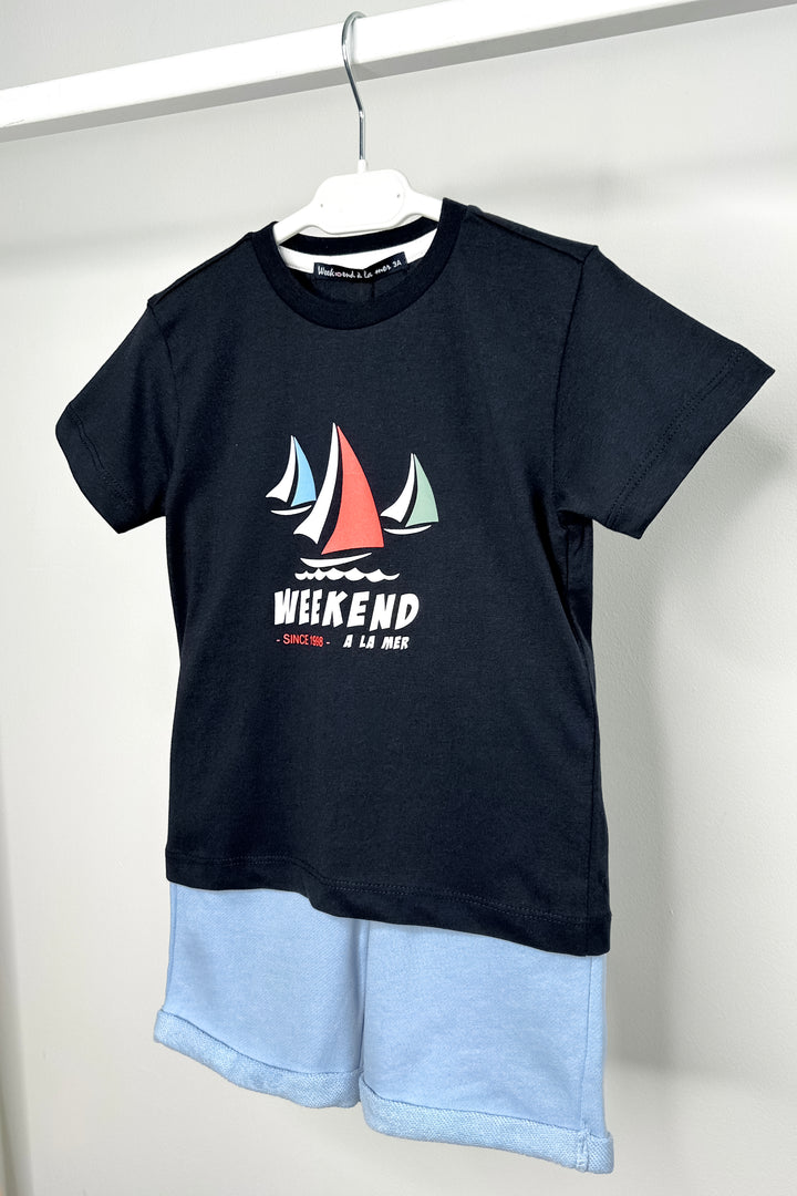 Week-end à la Mer "Maddox" Navy Sailboat T-Shirt & Blue Shorts | Millie and John