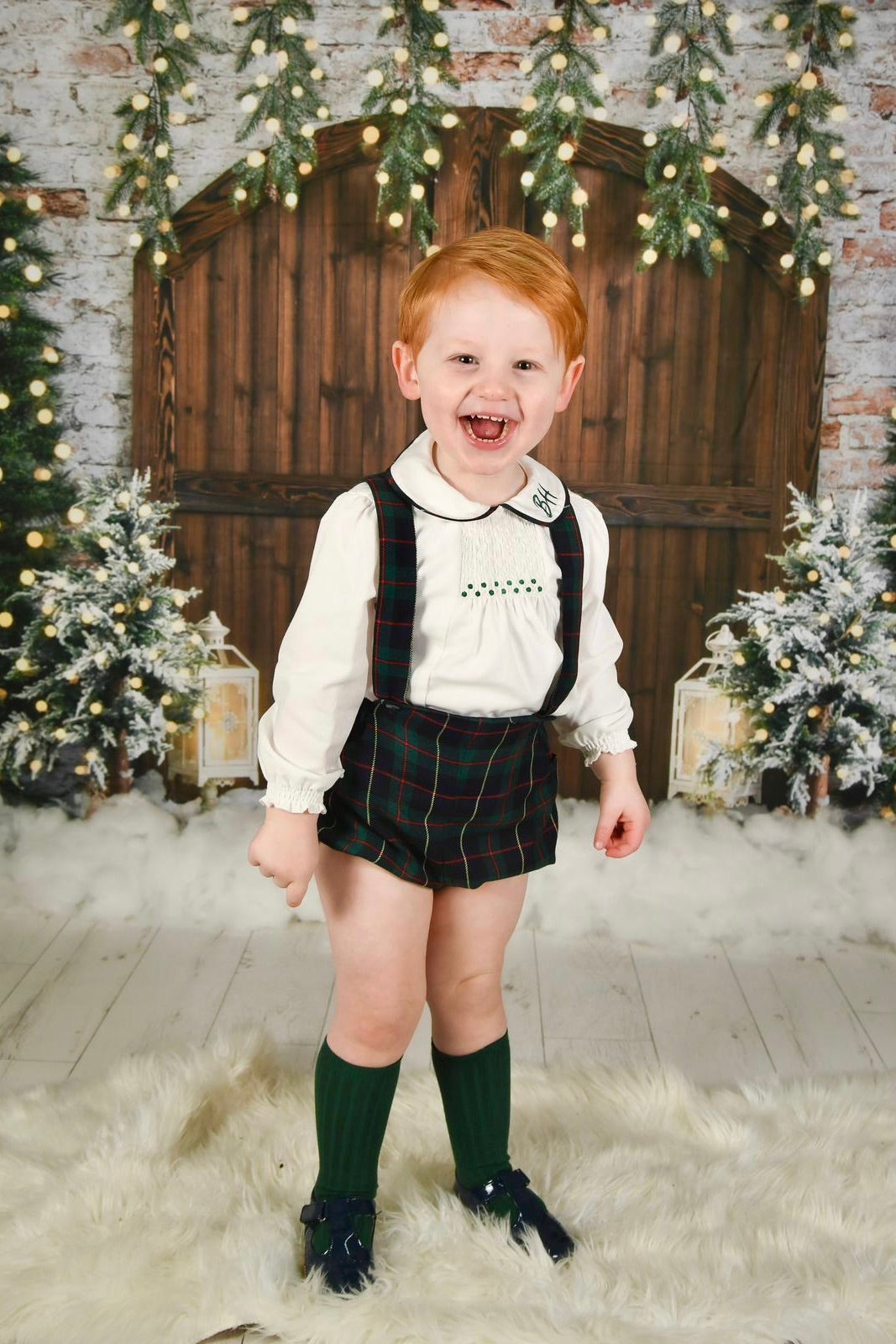 Fofettes "Angus" Smocked Shirt & Bottle Green Tartan Jam Pants | Millie and John