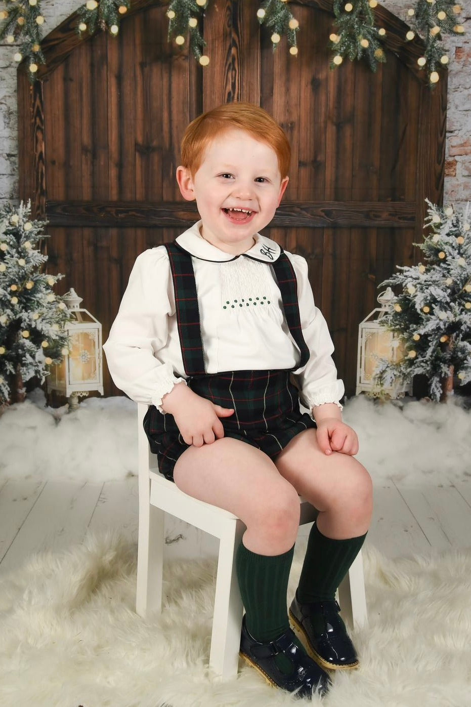 Fofettes "Angus" Smocked Shirt & Bottle Green Tartan Jam Pants | Millie and John