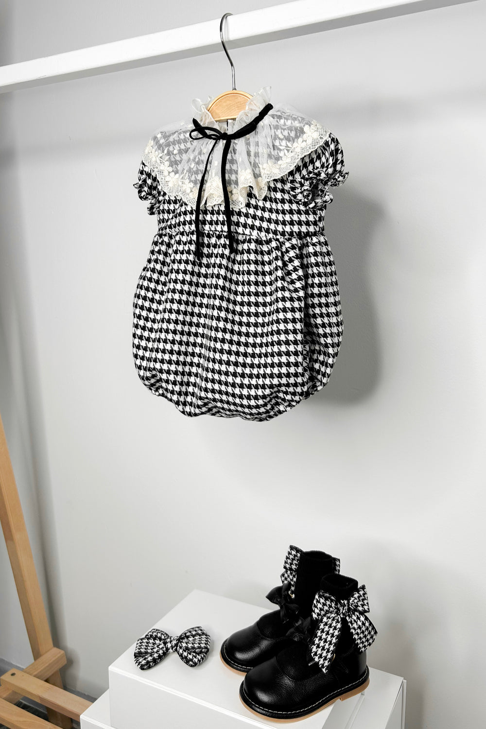 Fofettes "Vivienne" Black Houndstooth Lace Romper | Millie and John