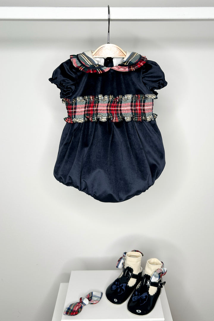 Fofettes "Hermione" Navy Velvet Tartan Romper | Millie and John