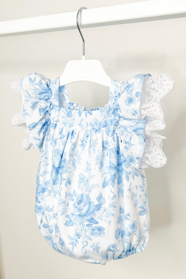 Fofettes x Be Chic "Elara" Blue Floral Lace Bow Romper | Millie and John