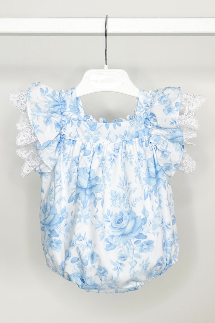 Fofettes x Be Chic "Elara" Blue Floral Lace Bow Romper | Millie and John